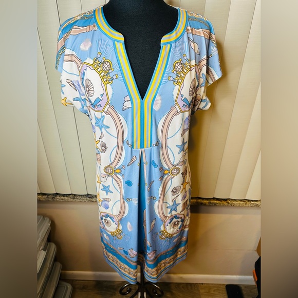 Hale Bob Blue Gold Chain Print Dress Size Medium - Picture 2 of 7